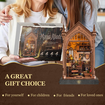 LoreNook Magic Abode Book Nook Kit for Adults - DIY Miniature House Kit with LED Lights, Bookshelf Decor, Nook Tales, Creative Gift for Book Lovers & Craft Enthusiasts