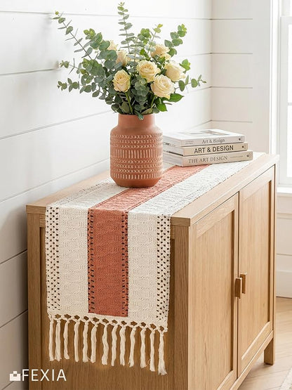 FEXIA Boho Table Runner for Summer Home Decor with Tassels 72 Inches Farmhouse Long Rustic Table Runner Macrame Burlap Centerpieces for Tables Decoration for Living Room Coral (12x72 Inches)