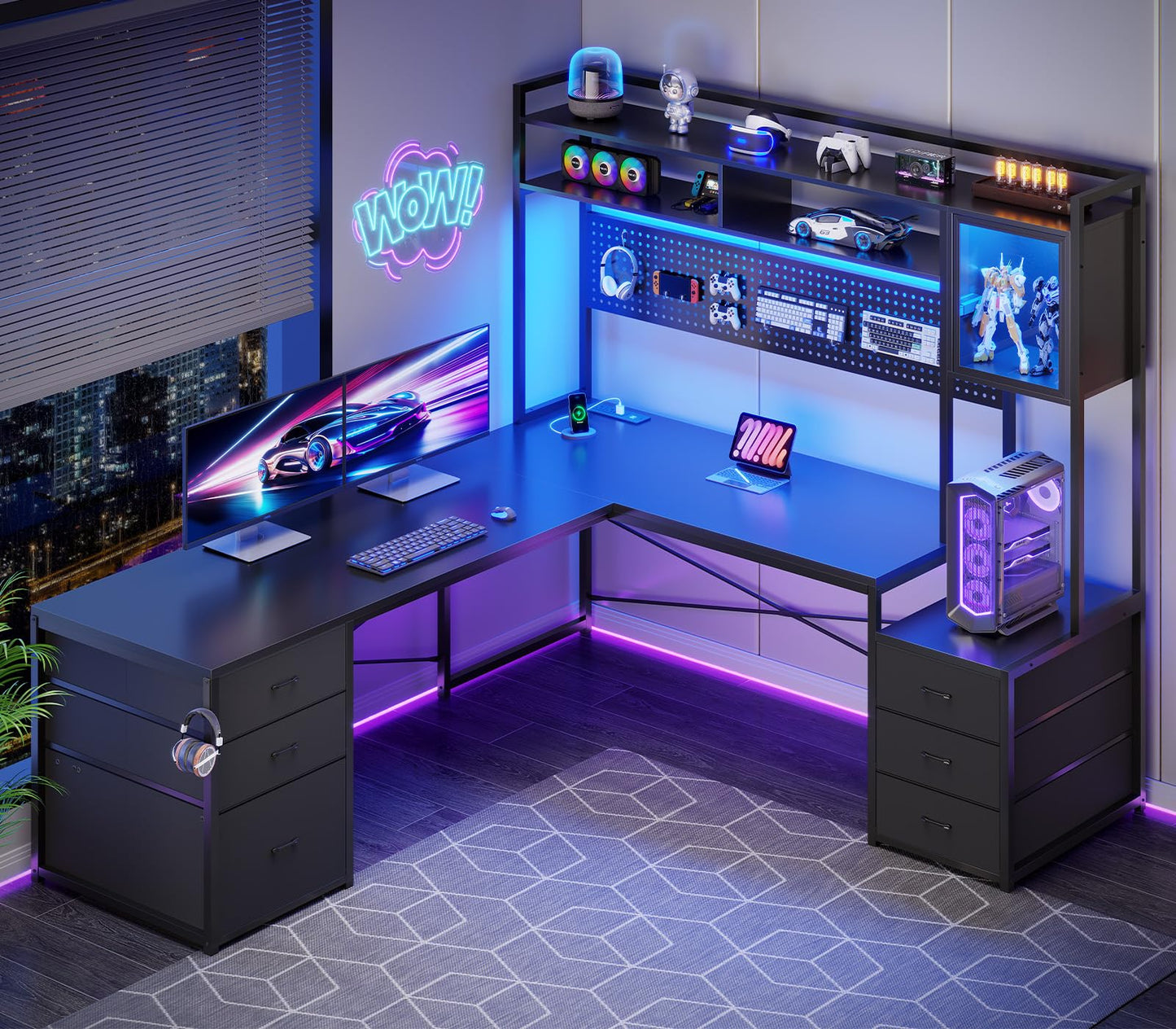 SEDETA L Shaped Gaming Desk with Drawers, Reversible Computer Corner Desk with File Drawer, Hutch, Storage Shelves for Home Office, Gaming Two Person Desk with Led Lights, Power Outlet, Black