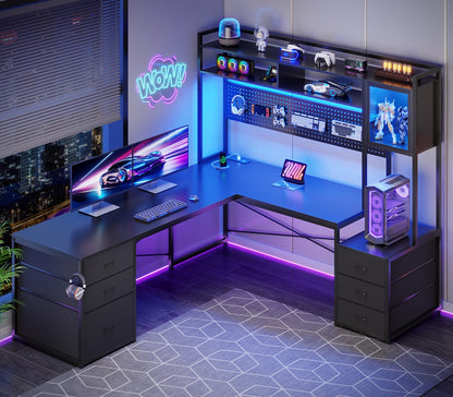 SEDETA L Shaped Gaming Desk with Drawers, Reversible Computer Corner Desk with File Drawer, Hutch, Storage Shelves for Home Office, Gaming Two Person Desk with Led Lights, Power Outlet, Black