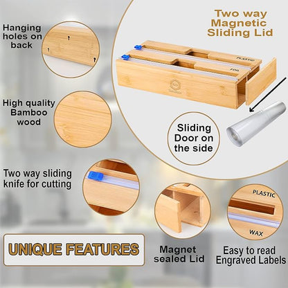 Foil and Plastic Wrap Organizer with Kitchen Aluminum Foil Holder, Cling Plastic Wrap Dispenser with Cutter and Labels, Bamboo Kitchen Wrap Organizer (2 in 1)