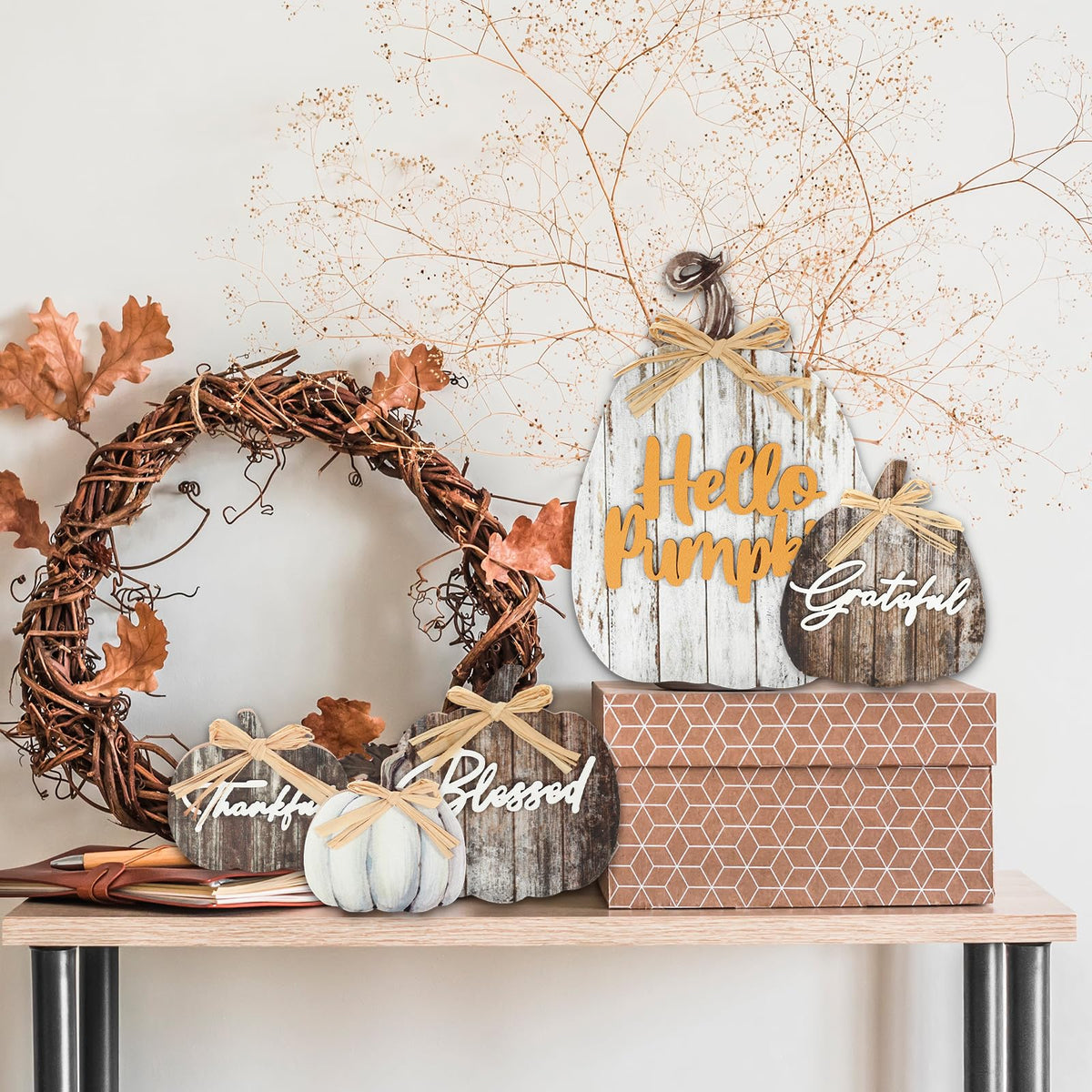 JarThenaAMCS 5 Pcs Hello Pumpkin Fall Decor Blessed Grateful Thankful Thanksgiving Decor Farmhouse Wood Pumpkin Table Centerpieces Autumn Desktop Decorations for Harvest Home Kitchen Decorations