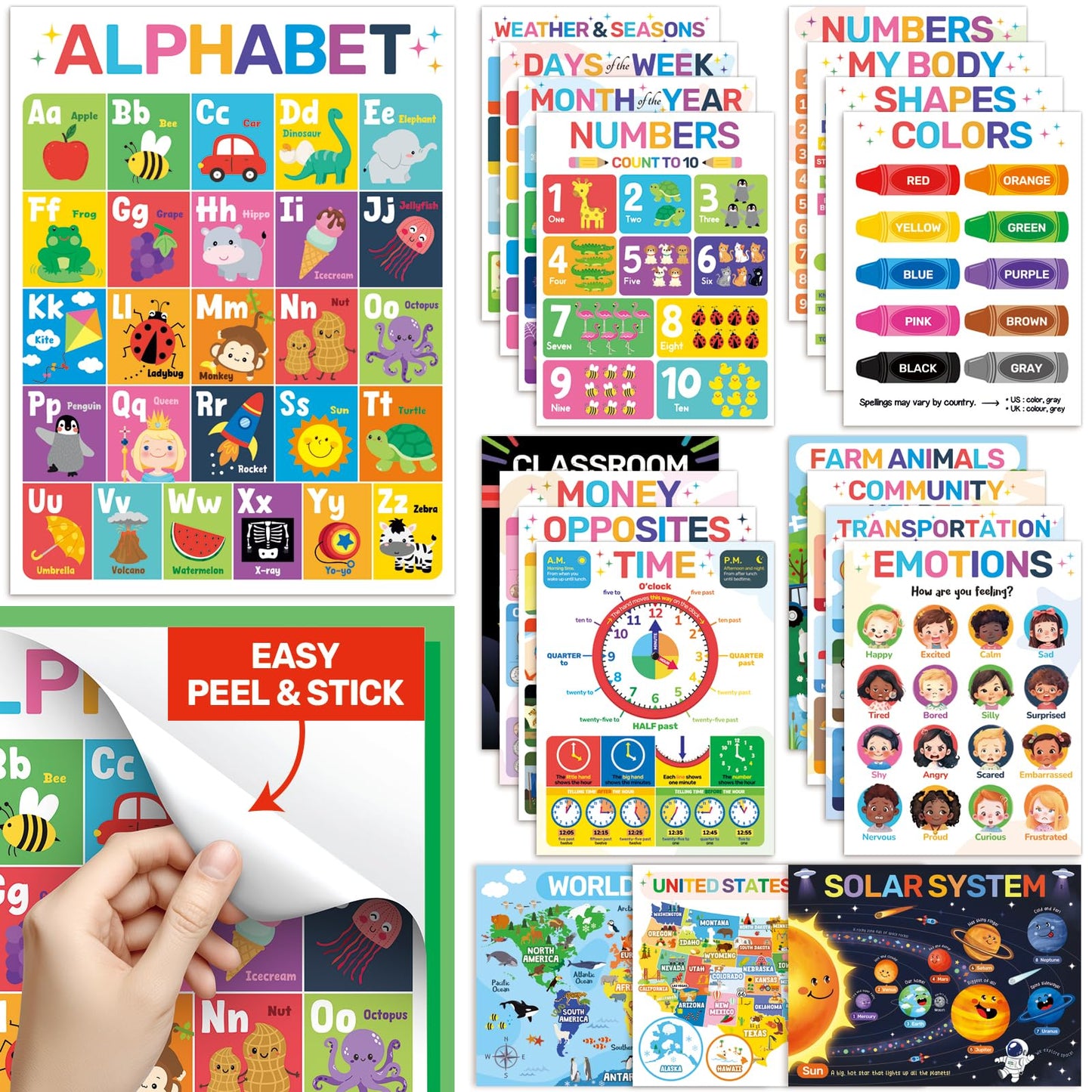 DECOWALL 20 Peel & Stick Educational Posters for Toddlers, Alphabet Learning Charts for Kids Ages 2–6, Preschool, Kindergarten, Homeschool Decor, Daycare&Classroom Must Haves Removable stickers(PS-01)