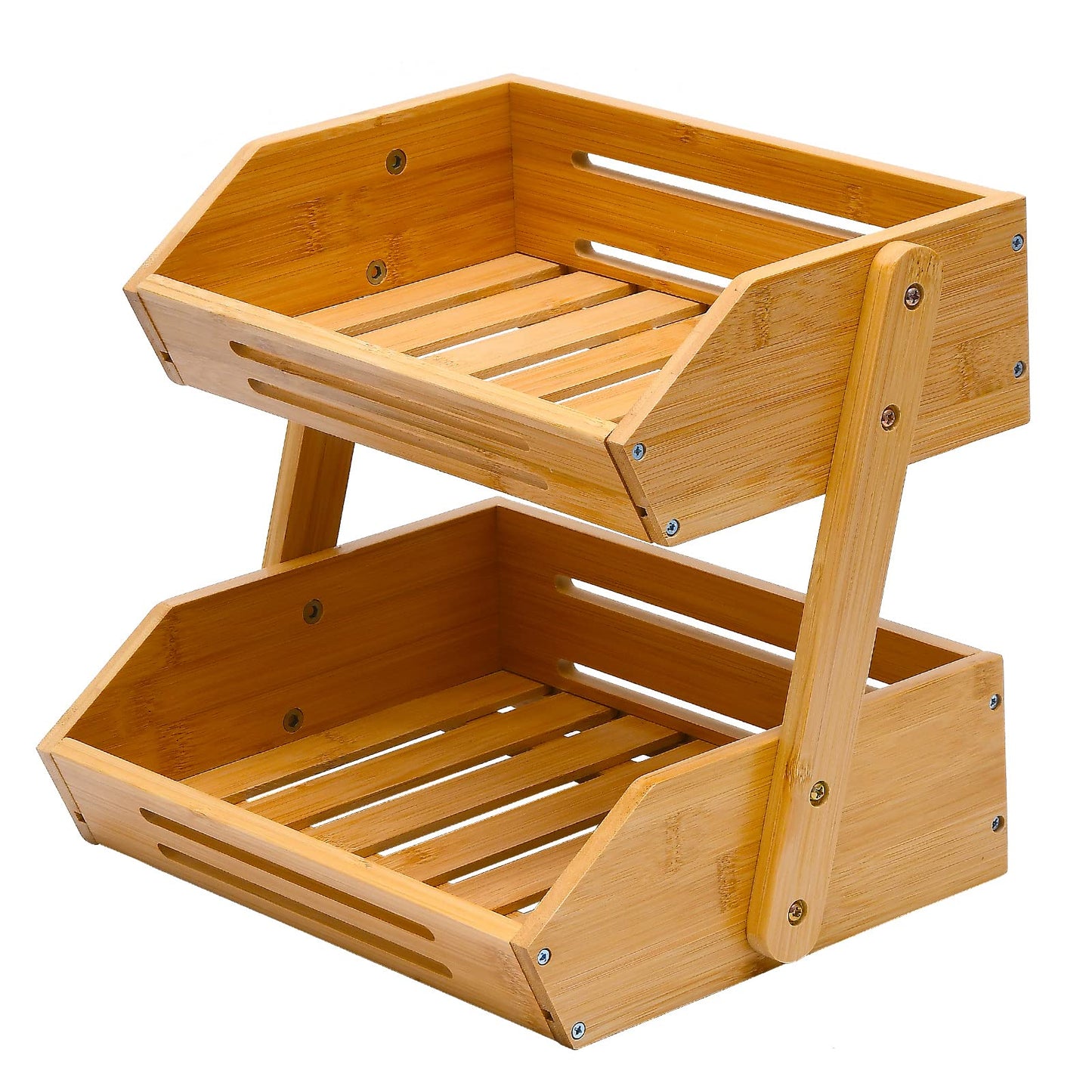 VIKEYHOME Fruit Basket, 2 Tier Bamboo Fruit Basket for Kitchen, 11" Tall Fruit Stand Storage Holder, Heavy Duty/Large Capacity for Vegetables, Fruit, and Snack, 15 mm Thickness (Self-assembly)