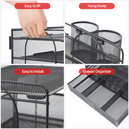 Marbrasse Desk Organizer and Accessories4-Tier Paper File Letter Tray Accessories & Workspace Desk Organizers with Drawer and 2 Pen Holders for School Home Office Supplies (Black)