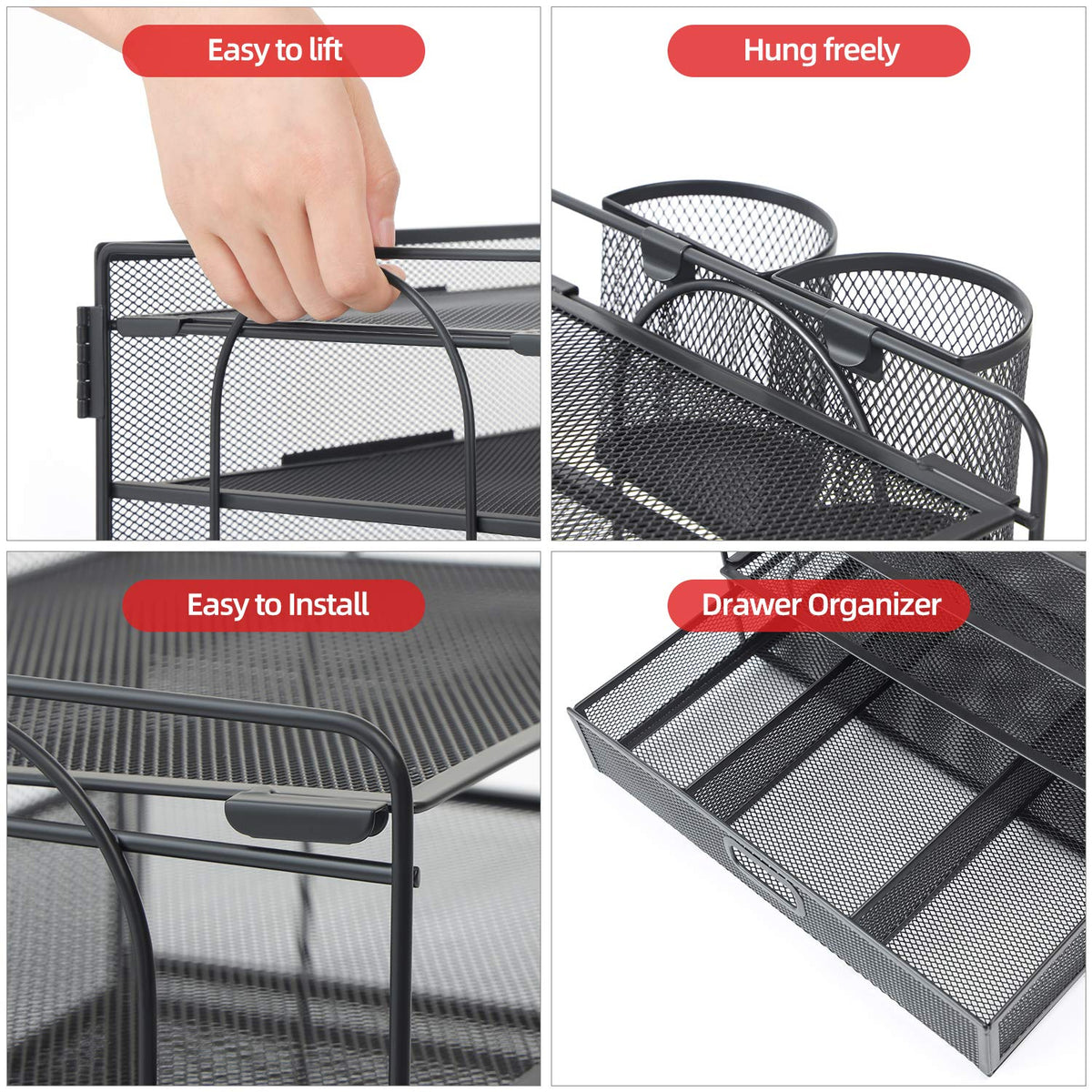 Marbrasse Desk Organizer and Accessories4-Tier Paper File Letter Tray Accessories & Workspace Desk Organizers with Drawer and 2 Pen Holders for School Home Office Supplies (Black)