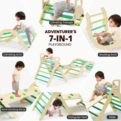 BlueWood Pikler Triangle Set, Toddler Wooden Climbing Toys Indoor 7in1 Foldable Climber for Kids, Montessori Philosophy Play Jungle Gym with Arch, Ramp, Ladder (Green Summer)