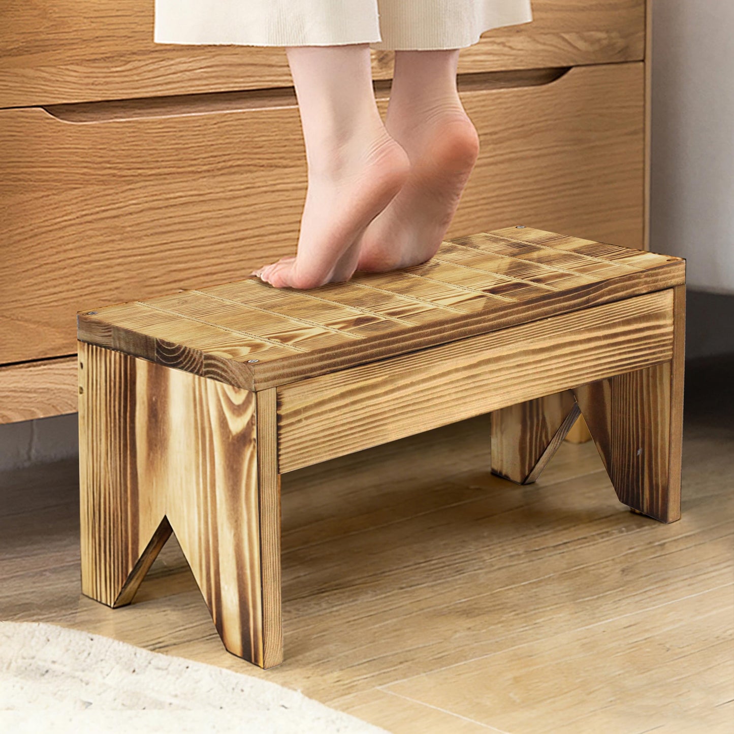 ZNCO Wooden Step Stool, Rustic Pine Wood Kitchen Bedside Stool, Ultra-Sturdy Construction for High Beds, Adult Wood Step Stool, Vintage Firewood Design, Attractive and Easy Assembly