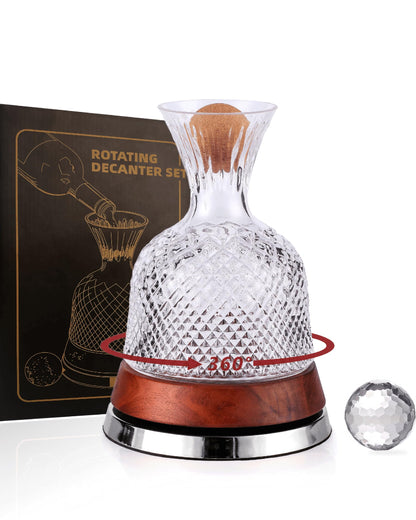 Rotating Wine Decanter Set with Solid Wood Base, Fun Crystal Glass Wine Carafe, Red Wine Decanter, Wine Accessories, Wine Gifts, Perfect for Home Bar (Silver Accents)