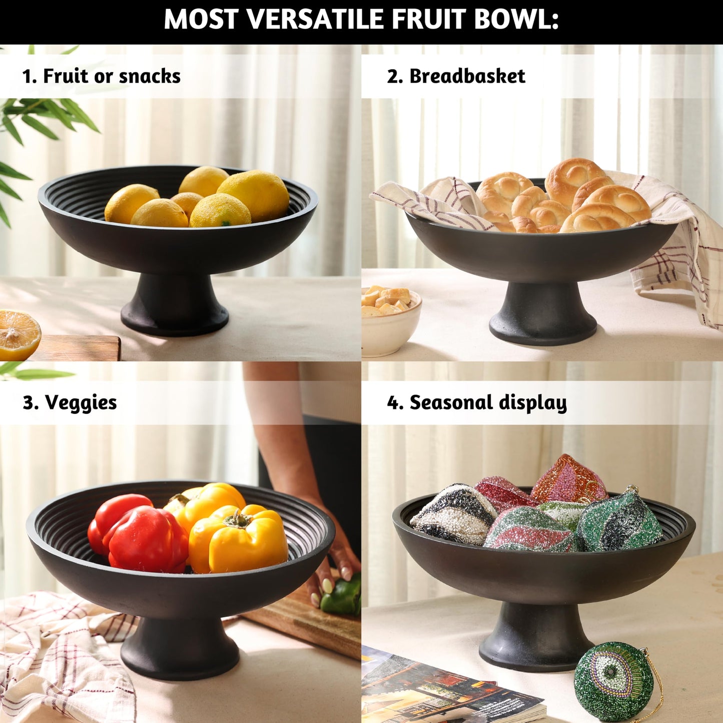 Folkulture Wooden Fruit Bowl for Kitchen Counter | 12" Large Premium Eco Friendly Banana Fruit Basket for Kitchen | Black Fruit Bowl, Decorative Bowl for Table Decor, Centerpiece for Dining Table