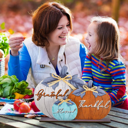 Soaoo Fall Pumpkin Table Decorations Fall Wooden Thankful Blessed Centerpiece Autumn Grateful Tabletop Decor Farmhouse Thanksgiving Harvest Pumpkin Block Signs for Party Rustic Table Shelf Decor Home