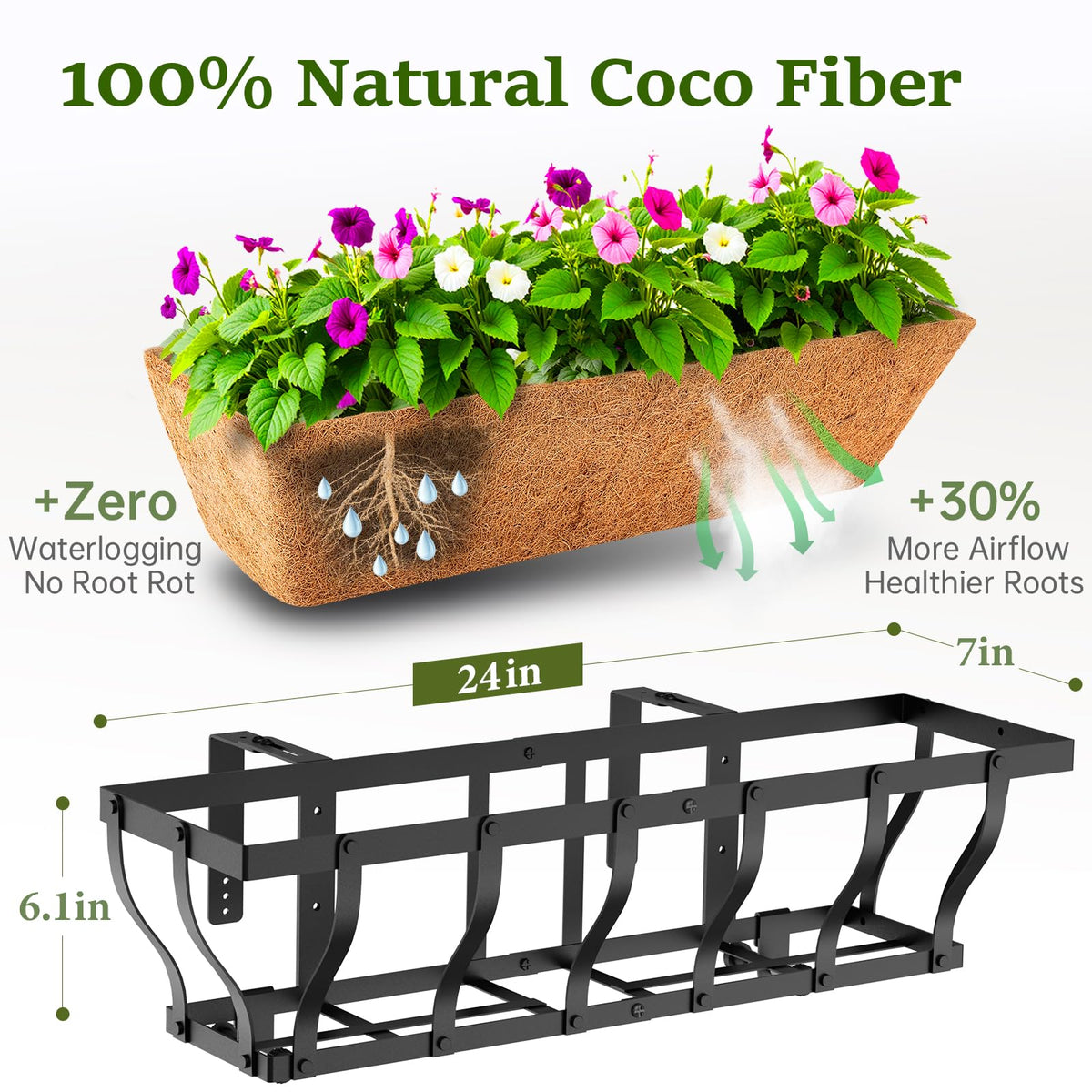 VOXOR Railing Planter Boxes, Heavy Duty Window Box Planters, Adjustable Balcony Planters for Railing Hanging, with Coco Liner & Support Rod for Deck, Porch, and Patio Gardening (2 Pack, 24 Inch)
