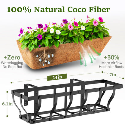 VOXOR Railing Planter Boxes, Heavy Duty Window Box Planters, Adjustable Balcony Planters for Railing Hanging, with Coco Liner & Support Rod for Deck, Porch, and Patio Gardening (2 Pack, 24 Inch)