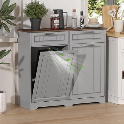 Double 10 Gallon Tilt Out Trash Can Cabinet with Deodorizing Function, Wooden Hidden Garbage Can Holder with Storage Drawers for Kitchen and Dining Room, Laundry Hamper Cabinet for Bathroom, Grey