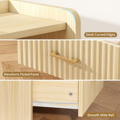 Curlaky Night Stand with Charger Station - Modern Wood Nightstand with Drawer Storage, Fluted Wide Nightstands Bedside Table, Mid Century Night Stands for Bedroom Home Office Sofa, Natural