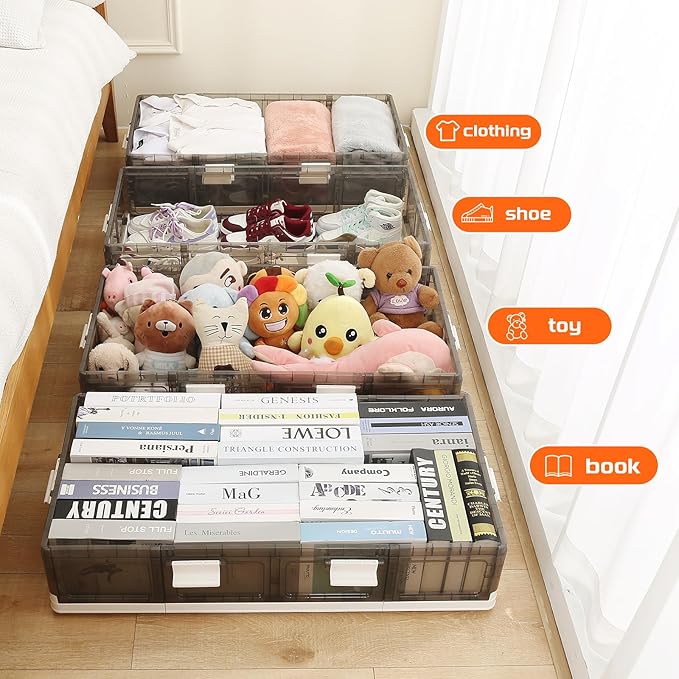 Under Bed Storage Containers with Wheels - Stackable, Foldable Plastic Storage Boxes with Lids for Clothes, Shoes, Blankets - Perfect for Bedroom Organization and Dorms (2 Pack-25.2''x16.5''x7.9'')