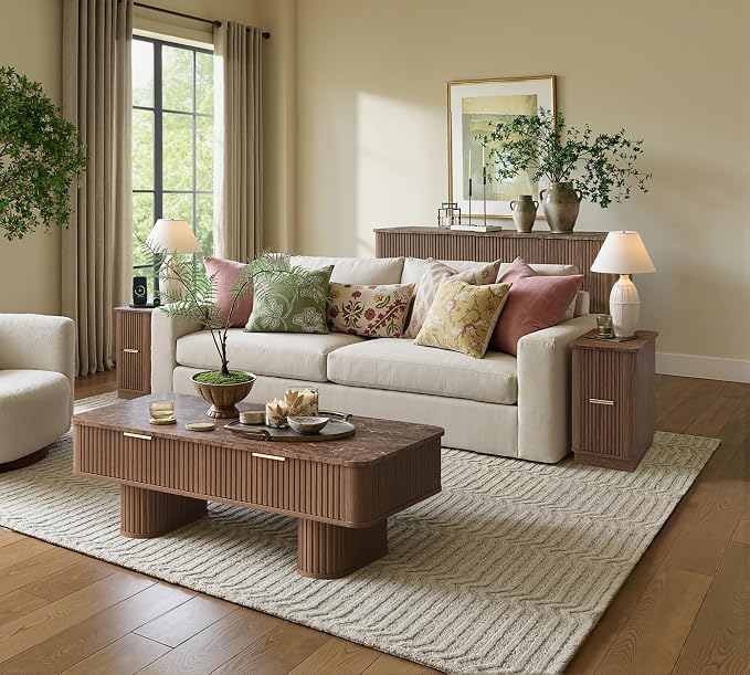 Win2win Fluted Coffee Table with Storage, Mid Century Modern Coffee Table with Faux Marble Top, Minimalist Rectangle Center Table with Sculptural Pedestal Legs & Drawers for Living Room/Office, Walnut