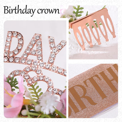 PartyforU Pink Birthday Queen Crown - Happy Birthday Tiara with Flowers and Sash Set for Party Photo Shoot Gift for Friend Mom
