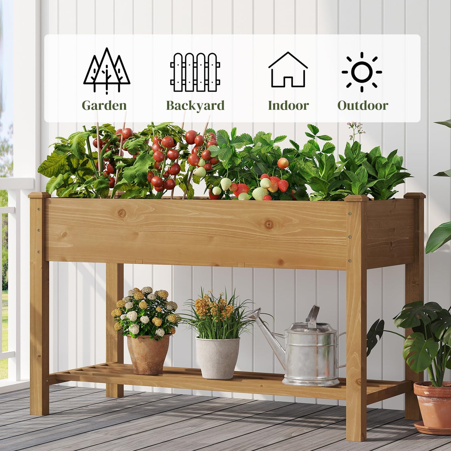 PULIJIAJU PL 48x24x30.5IN Raised Garden Bed with Legs Elevated Wooden Planter Box Stand Large Planter Stand Box for Fruits Vegetables Flowers Herbs w/Divider Liner (Brown-M)