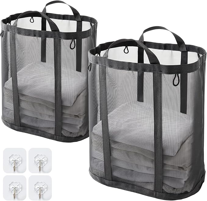 Mesh Laundry bag with Handles, 42L Collapsible Laundry Basket with 2 Hooks