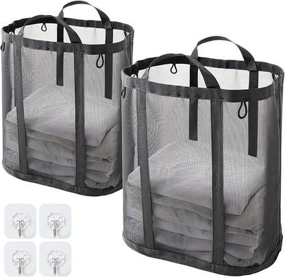 Mesh Laundry bag with Handles, 42L Collapsible Laundry Basket with 2 Hooks