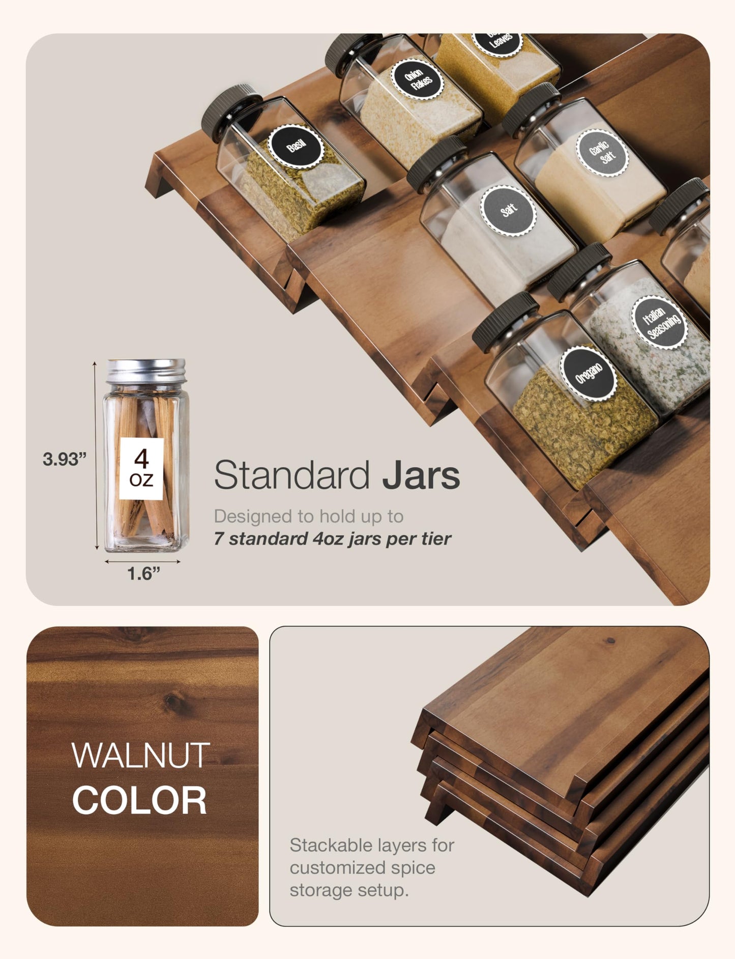 Tinamo Wood Spice Drawer Organizer - Acacia Wooden Tray Spice Racks Organizer for Cabinet Storage Shelf - 4 Tier Spice Rack for Drawer 32 Jars (Pack 4)