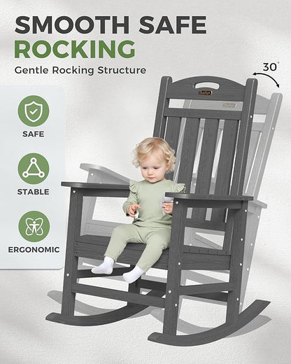Oversized Outdoor Rocking Chairs Set of 4, High Back Porch Rocker Chair, HDPE All Weather Resistant Rocking Chairs for Patio, 380lbs Weight Capacity, Dark Grey