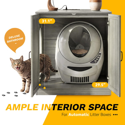 YITAHOME Large Hidden Litter Box Furniture with Power Outlets, Wooden Cat Litter Box Enclosure for Self-Cleaning Litter Boxes, Indoor Wooden Storage Cat Cabinet, Wash Grey