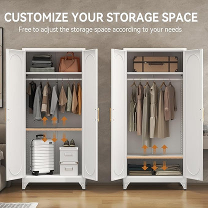 Polup Metal Wardrobe Cabinet for Hanging Clothes, 71" Tall Armoire Wardrobe Closet with Hanging Rod, White Clothing Storage Cabinet with Doors and Shelves, Large Closet for Bedroom-Assemble Required