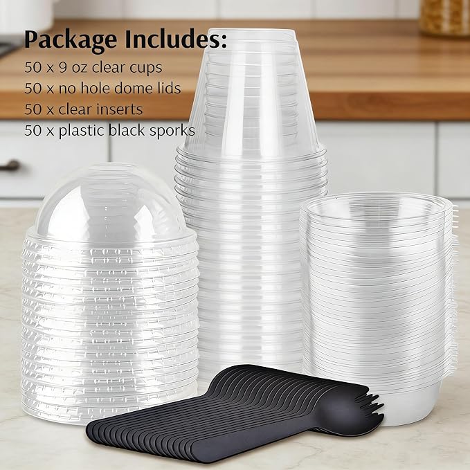 Zezzxu 50 Pack 9 oz Disposable Parfait Cups with Dome Lids No Hole, Toppings Compartment and Spork, Yogurt Conatiner with Granola Holder for Take Away Breakfast and Snacks, No Leaking