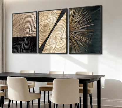 3Pcs Retro Wood Grain Canvas Wall Art Minimalist Black Gold Abstract Line Painting Pictures Wall Decor Neutral Geometric Beige Brown Poster Prints for Bedroom Office Decoration 12x16in Unframed