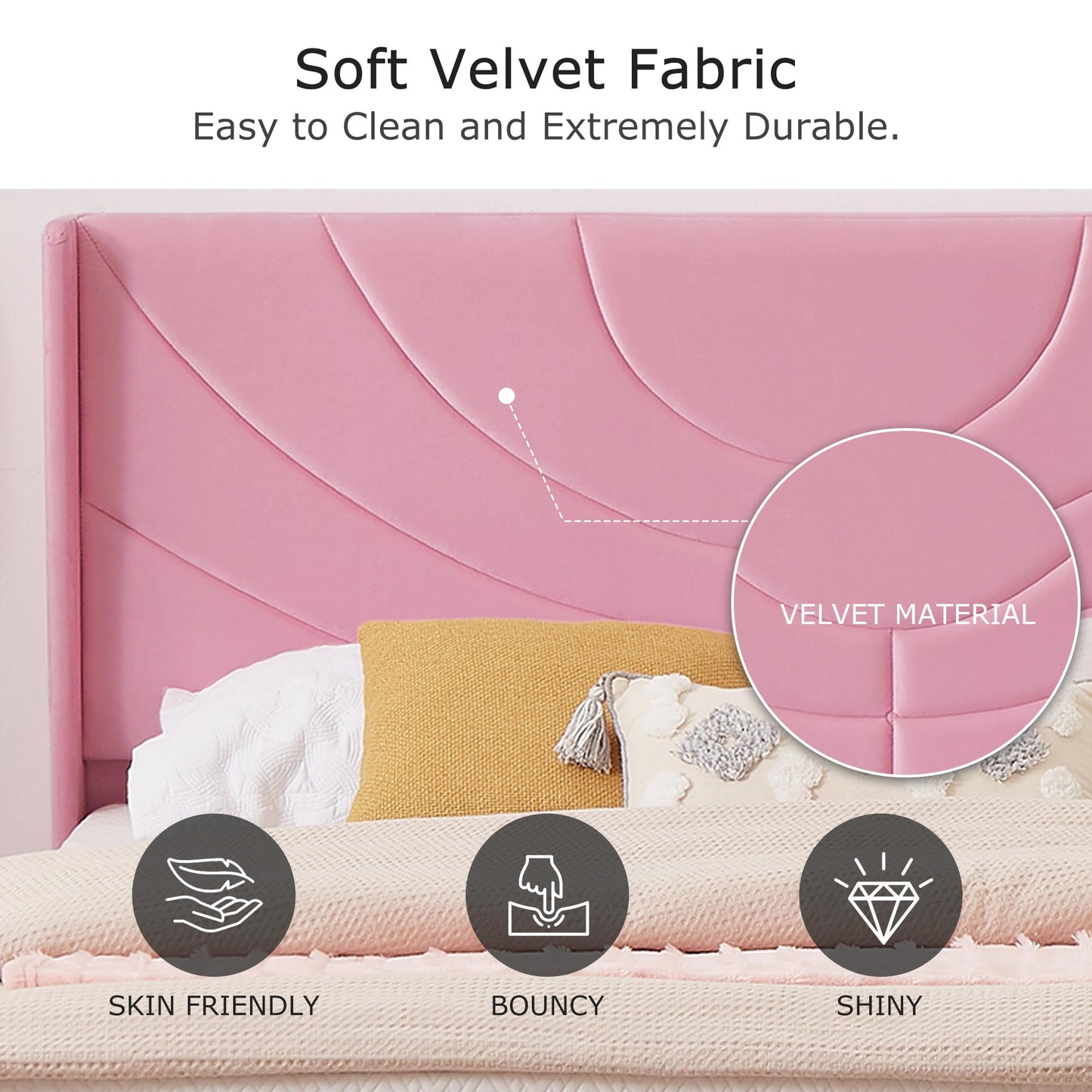 VECELO Upholstered Platform Full Bed Frame with 4 Storage Drawers & Wave Fabric Headboard,Wooden Slats Support/No Box Spring Needed/Mattress Foundation,Pink