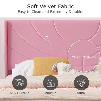VECELO Upholstered Platform Full Bed Frame with 4 Storage Drawers & Wave Fabric Headboard,Wooden Slats Support/No Box Spring Needed/Mattress Foundation,Pink