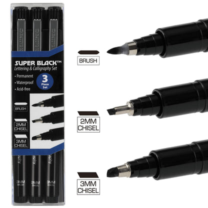 Creative Mark Calligraphy & Fineliner Pen Set of 3 Lettering & Calligraphy Drawing - Super Black, Permanent, Waterproof, & Acid-Free Chisel Nylon-Nibs Pens & Medium Brush Tip