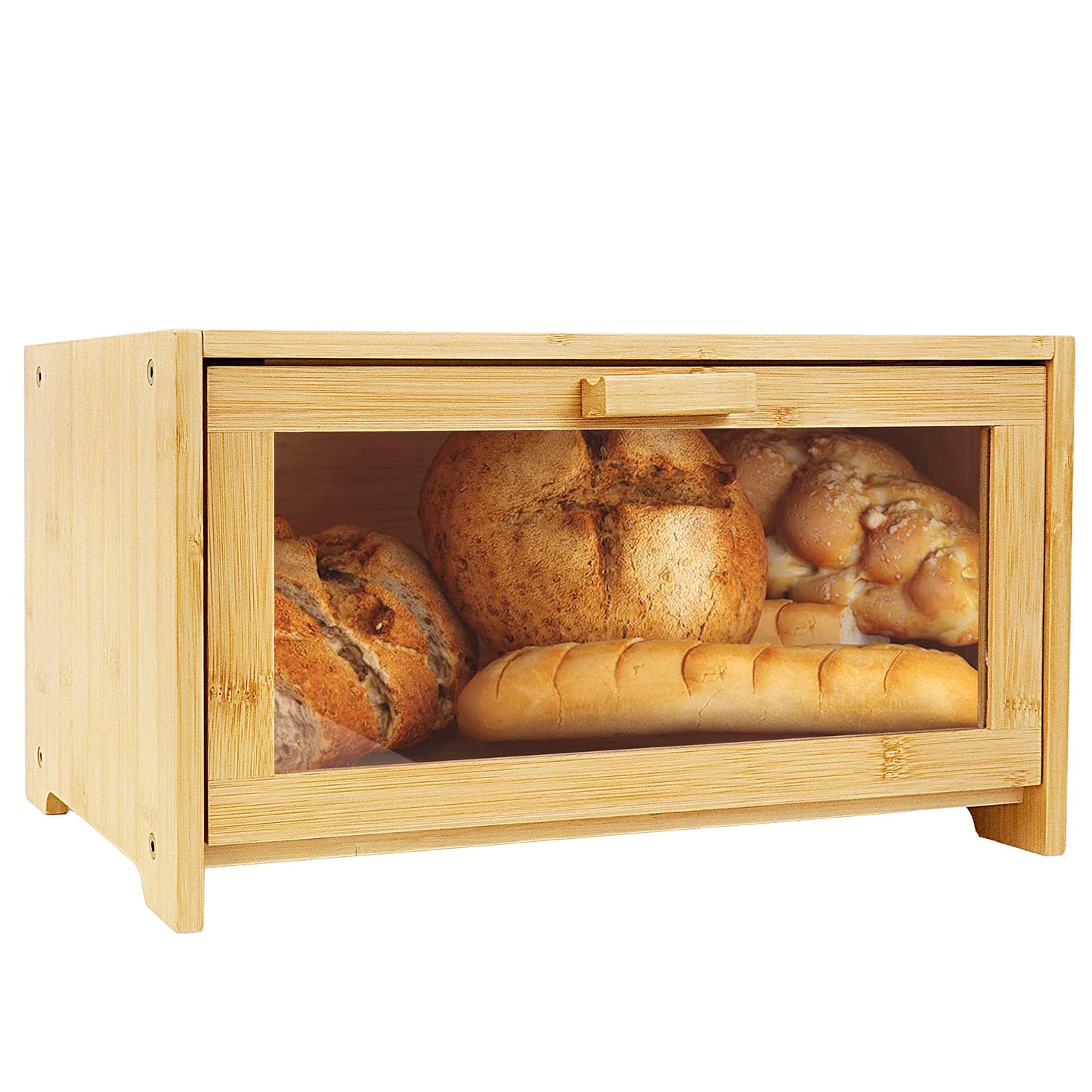 EQEY Bamboo Bread Box for Kitchen Countertop,Large Bread Storage Container with window,Modern Bread Storage Bin for Homemade Bread Organizer (Single Layer)