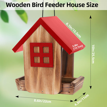 MIXXIDEA Bird Feeder for Outdoors Hanging, Wooden Bird Feeder House with Weatherproof Roof & Metal Tray, Attracting Wild Birds for Outside, Yard, Garden Decoration, Red