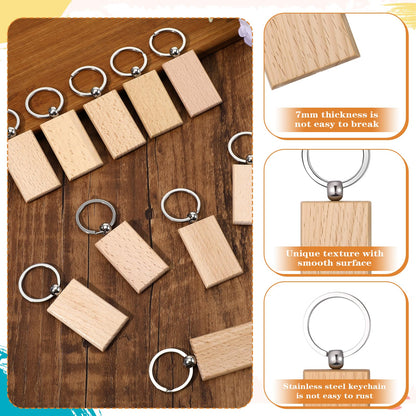 50 Pcs Wooden Keychain Blanks, Unfinished Wood Key Chains Bulk for DIY, Laser Engraving Gifts, Crafting, Gift Making, Rectangle Shape