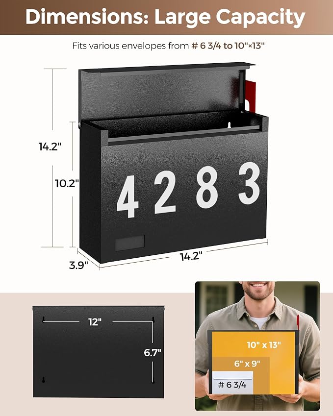 Modern Mailboxes for Outside, Metal Wall Mount Mailbox, with One Flag Kit and Three Sets of Mailbox Number Stickers, 3.9" D×14.2" W×10.2" H, Rust Resistant Coating Mail Boxes for House, Black AMB07B