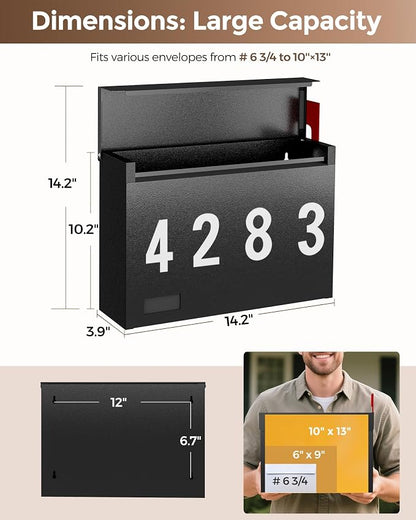 Modern Mailboxes for Outside, Metal Wall Mount Mailbox, with One Flag Kit and Three Sets of Mailbox Number Stickers, 3.9" D×14.2" W×10.2" H, Rust Resistant Coating Mail Boxes for House, Black AMB07B