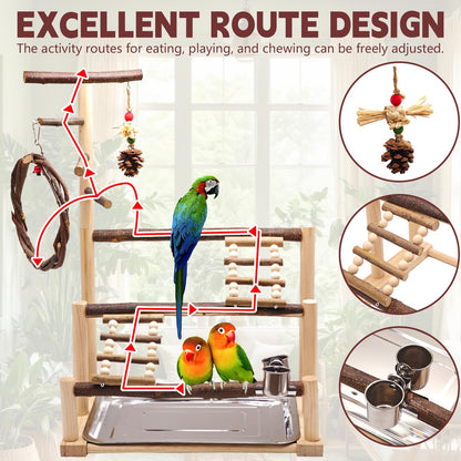 Bird Playground, Natural Wooden Parrot Stand Suitable for Small and Medium Birds, with Feeding Cups, Swing, Chew Toys,Bird Perch Ideal for Parakeets, Budgerigars,Canaries,Conures