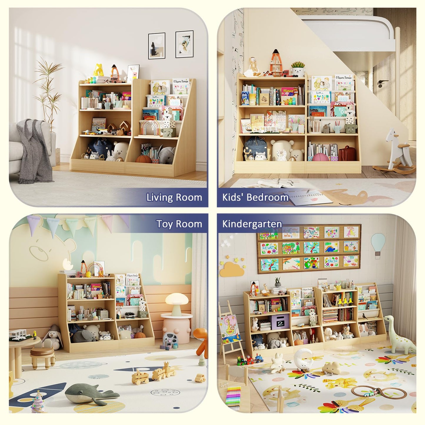 IKALIFE 39" Large Kids Wooden Bookshelf and Toy Storage Organizer, Baby Bookcase with Sling Book Rack, Children Toddler Wooden Book Shelf for kids rooms, Playroom, Classroom, Nursery, School (Natural)