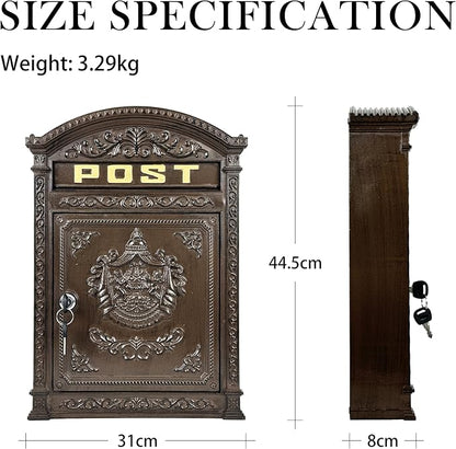 Vintage Lockable Mailbox, Heavy Duty Cast Aluminum Wall Mount Mailbox, Weatherproof Decorative Mail Box for Outside, Bronze Finish, Large Capacity