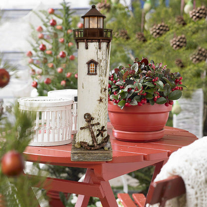 E-view Wooden Lighthouse Nautical Tabletop Figurine Beach Themed Ornaments with Starfish - Lighted Tower Light Wood Home Décor Party Decoration