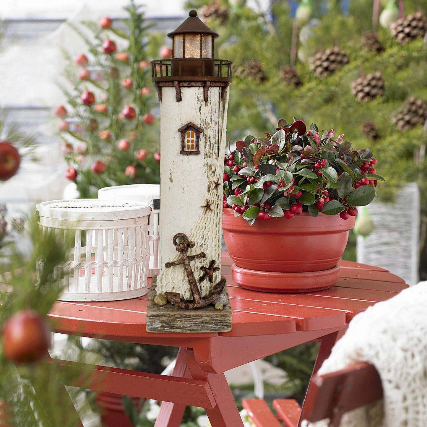 Wooden Lighthouse Decor with Light, Decorative Nautical Lighthouse Nightlight Rustic Ocean Sea Beach Themed Lighthouse Decoration
