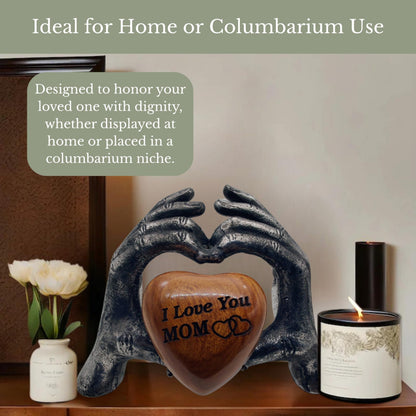 Wooden Heart Keepsake MOM Urn with Premium Display Hand Stand Engraved with I Love You MOM
