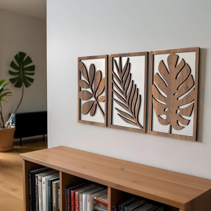 qmmp Modern Wooden Wall Sculptures - Set of 3 - Home Decor Accent - Large Wall Art for Living Room, Bedroom, Office - Easy Installation (Walnut, Medium - Tree Leaves)
