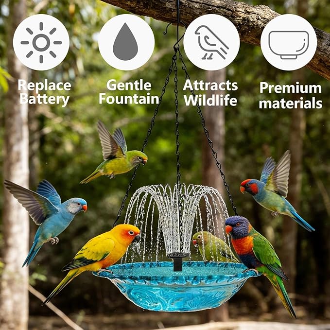 Hanging Solar Bird Bath Fountain with Solars Pump & Bowl & Chains Large Humming Solar Water Fountains with Flowing Water for Outdoor Garden Backyard Patio Lawn(Blue)