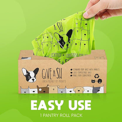 Certified Home Compostable Dog Poop Bags with Handles - 10% to Charity - ASTM D6400 & EN 13432 Compliant - 120 x Large Plant Based Compostable Poop Bags (1 Pantry Roll)