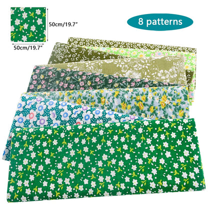 100% Cotton Fabric Bundle - 8 Pre-Cut Squares (20"x20"), Floral Pattern, Perfect for Beginners' Sewing, Quilting & Craft Projects - Green
