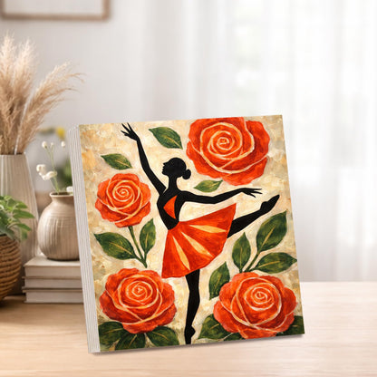 Dancer Floral Wooden Block Sign, Feminine Ballet Art Decor, Red Rose Dance Illustration Shelf Sitter, Elegant Home Table Mantel Tiered Tray Gift for Dance Lover